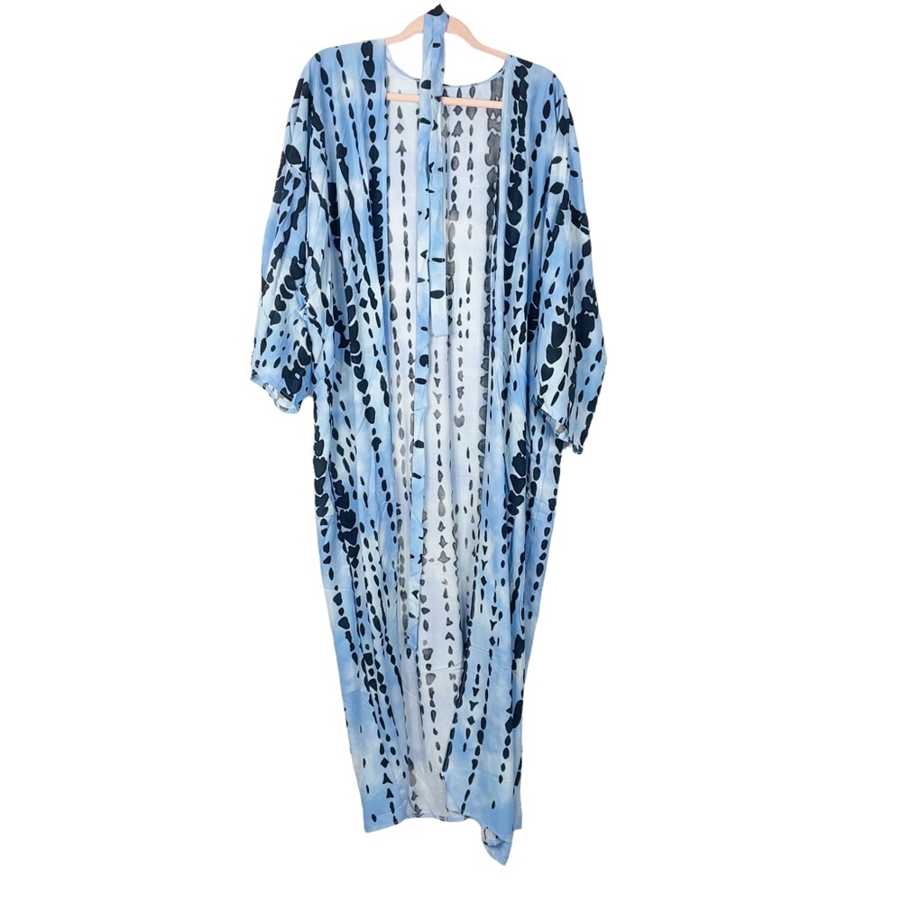Boho Tie Dye Blue Beach Swim Coverup Maxi Duster Front Tie Flowy Ombre Pockets - Picture 5 of 12